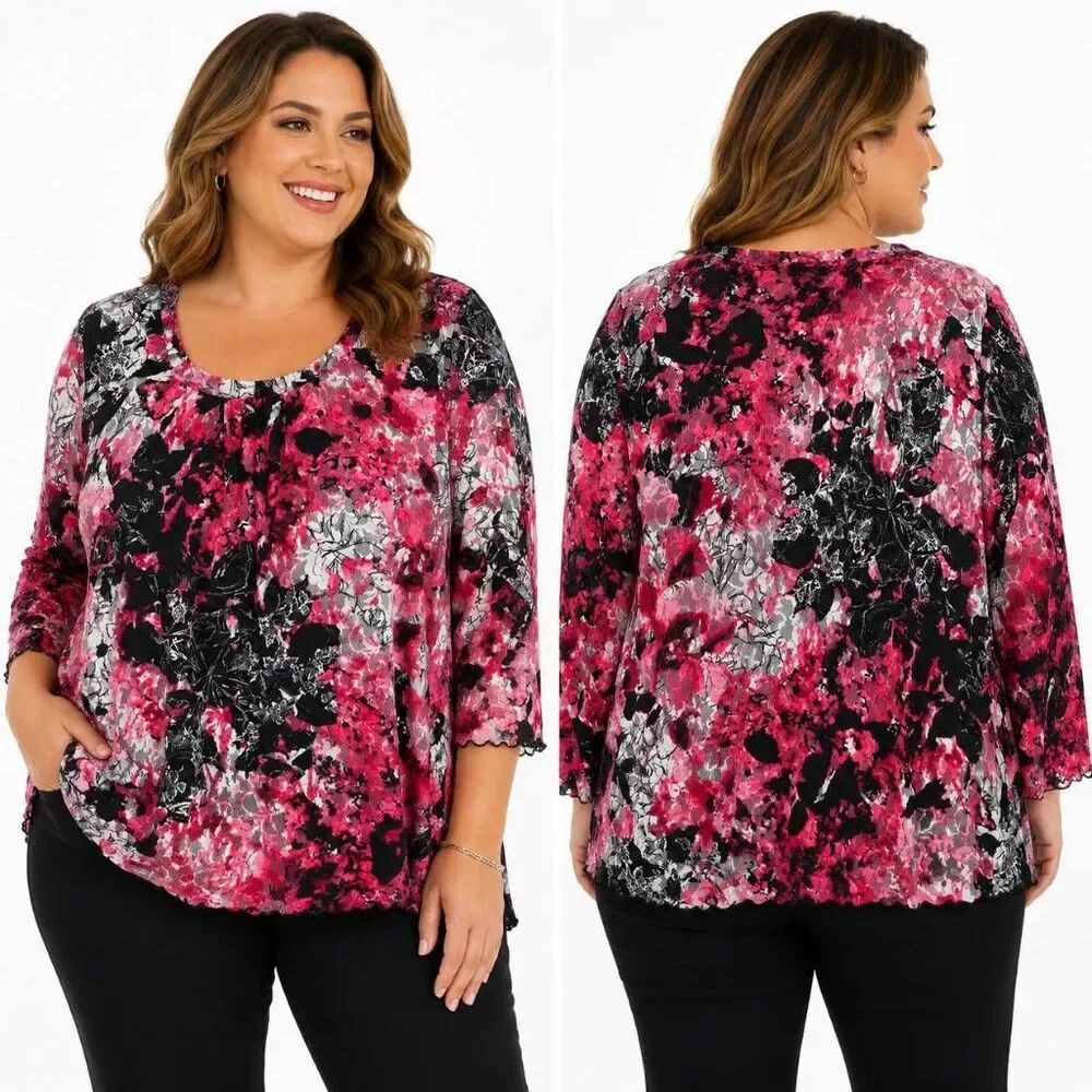 CJ Banks 2X Pink Black Floral Mesh Layered Blouse Top